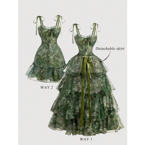 SHEIN MOD 复古花卉2合1连衣裙 绿色