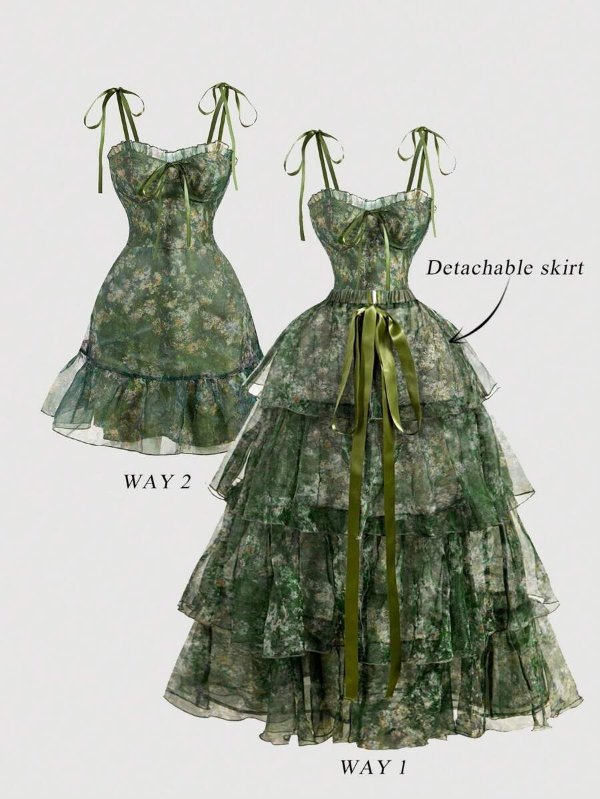 SHEIN MOD 复古花卉2合1连衣裙 绿色