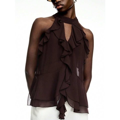 LYSMO 褶边雪纺吊带上衣 棕色