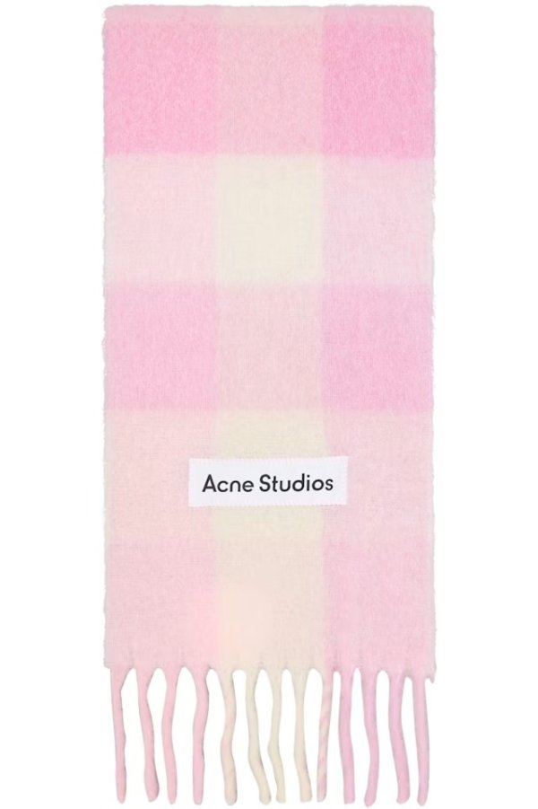 粉色马海毛格纹围巾