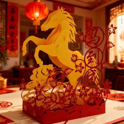 3D马年新年贺卡 金马 15x15cm