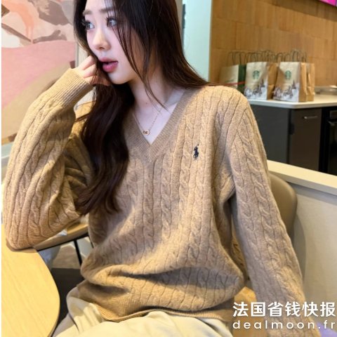 Polo Ralph LaurenV领羊毛羊绒衫 奶茶色