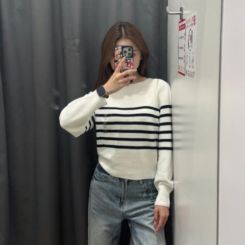 女士条纹棉针织衫