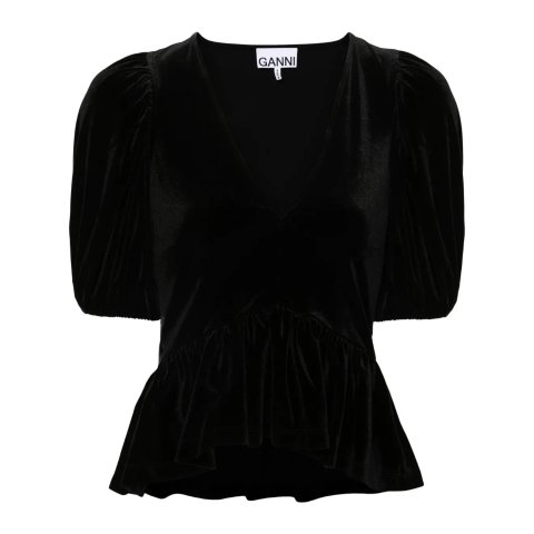 V领丝绒泡泡袖上衣