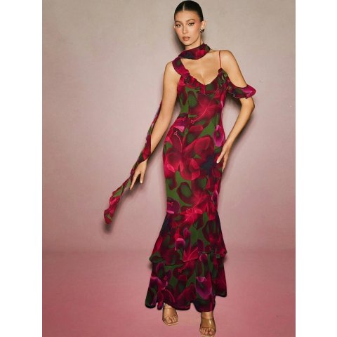 L Amorae 红色雪纺露肩连衣裙