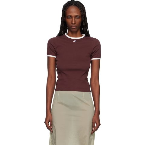 Signature 拼色T恤 酒红色