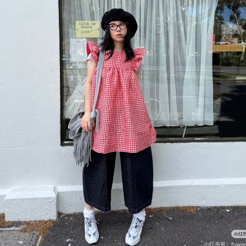 Crinkled 格纹飞袖短裙