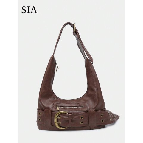 Y2K 机车风金属装饰皮革肩包