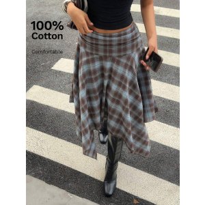 Aloruh 复古格子棉中裙 蓝色