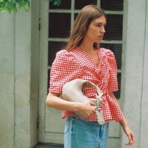 Crinkled 方格纹泡泡袖