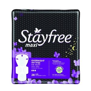 Stayfree Maxi Pads for Women with Wings, Overnight - 28 Count