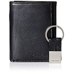 Calvin Klein Men's Pebble Leather Slim Trifold Wallet and Key Fob Set, Black, One Size