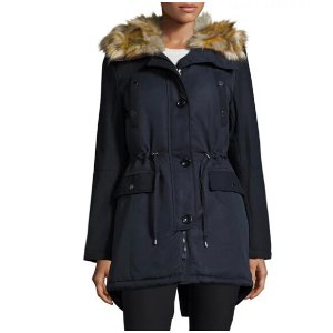 French Connection Hooded Jacket with Faux-Fur-Trim, Blue
