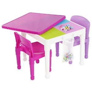 Tot Tutors 2-in-1 Plastic Building Block Compatible Activity Table and 2 Chairs Set