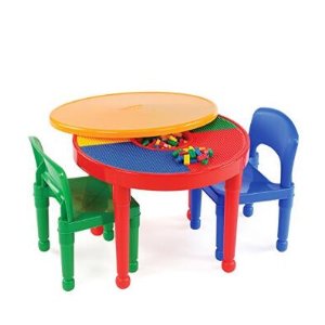 Tot Tutors Kids 2-in-1 Plastic LEGO-Compatible Activity Table and 2 Chairs Set, Primary Colors