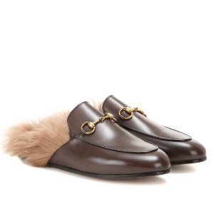 GUCCI Princetown Fur-Lined Leather Slippers