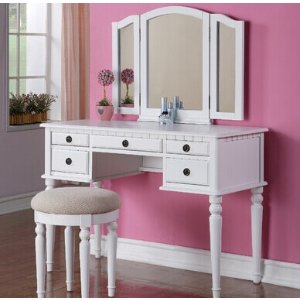 BCP Wooden Makeup Jewelry Vanity Set Table With Mirror and Seat Bench White