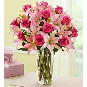 粉色玫瑰百合花束+免费花瓶