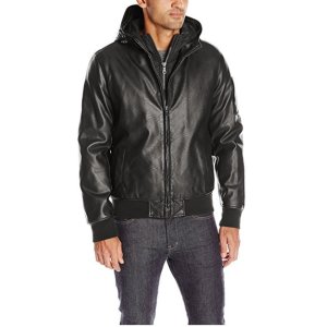 Tommy Hilfiger Men's Smooth Lamb Touch Faux Leather Bomber with Double Hood