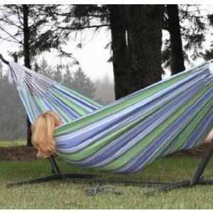 Vivere Double Hammock with Space Saving Steel Stand, Oasis