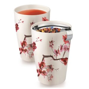 Tea Forte KATI Contemporary Insulated Ceramic Single Cup Tea Brewing System with Stainless Steel Infuser Basket and Lid, Cherry Blossoms