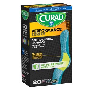 Curad Performance Series Extreme Hold Antibacterial Fabric Bandages, 1" x 3.25", 20 Count