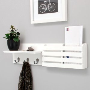 Kiera Grace Sydney 24" Wall Shelf and Mail Holder with 3 Metal Hooks, White