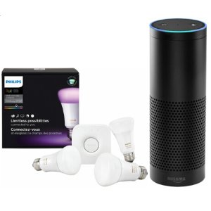 Amazon Echo (Black) and Philips Hue White and Color Ambiance A19 Starter Kit (3rd Gen)