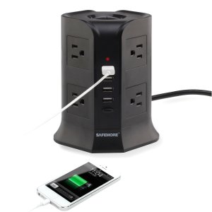 Safemore Power Strip Surge Protector 4000W 110-250V Smart 8-Outlet with 4-USB Ports Socket Black