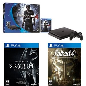 PlayStation 4 Slim 500GB Console - Uncharted 4 Bundle + Skyrim Special Edition + Fallout 4