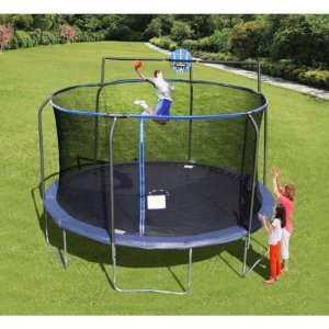 Bounce Pro 14’ Trampoline with Enclosure and Basketball Hoop (Dark Blue)