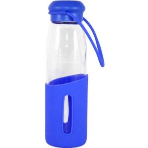 Gourmet Home Products 16盎司 玻璃宽口水瓶带半硅胶保护套，蓝色或黑色