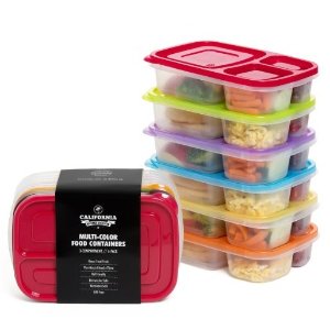 California Home Goods 3 Compartment Reusable Food Storage Containers, Set of 6