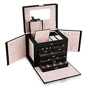 Allewie Black Leather Jewelry Box Lockable Makeup Storage Travel Case Organizer
