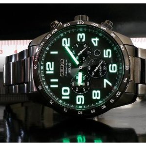 Seiko SSC231 Men's Solar Sports Black Dial Black IP Steel Bracelet Chrono Watch