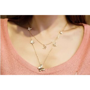 Yellow Gold Plated Double Strands Butterfly Necklace For Women Girl -NGG179