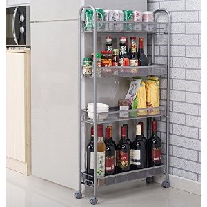 Homfa 4-Tier Gap Kitchen Slim Slide Out Storage Tower Rack with Wheels, Cupboard with Casters - Silver