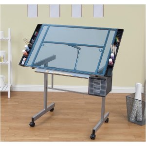 Studio Designs Vision Silver/Blue Glass Rolling Drafting and Hobby Craft Station Table