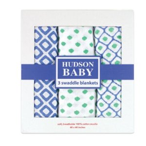 Hudson Baby Muslin Swaddle Blankets, Blue, 3 Count