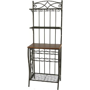 Metal Bakers Rack with Wine Storage, Antique Brass Finish