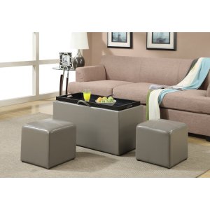 Convenience Concepts Designs4Comfort Sheridan Faux Leather Storage Bench with 2 Side Ottomans, Gray
