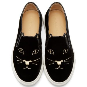 Charlotte Olympia  Black Velvet Kitty Slip-on Sneakers  @ SSENSE