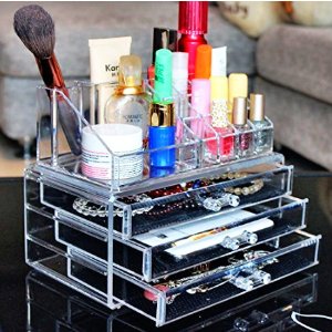 Ohuhu Acrylic Makeup Cosmetics Organizer 3 Drawers with Top Section