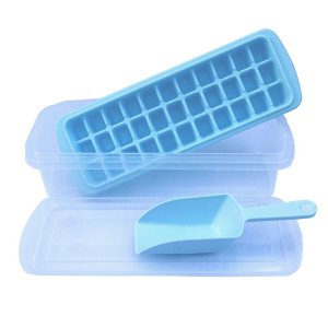 Ice Cube Trays-Ice Trays with No-spill Cover,Ice Scoop,Ice Cube Bin,Makes 33 Ice Cubes