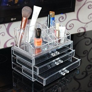 Ohuhu Acrylic Makeup Cosmetics Organizer 3 Drawers with Top Section, 9.4 by 7.5- Inch, Transparent