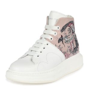 Alexander McQueen Embroidered Leather High-Top Sneaker, White/Pink @ Neiman Marcus