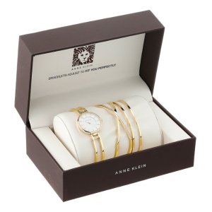 Anne Klein Women's AK/2236GBST Swarovski Crystal-Accented Gold-Tone Open-Bangle Watch and Bracelet Set