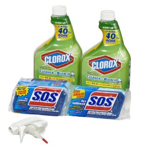 Clorox Clean-Up Bleach Cleaner Spray and S.O.S All Surface Scrubber Sponge Value Pack, 32 OZ Bottles (2 Count) + Sponges(4 Count)