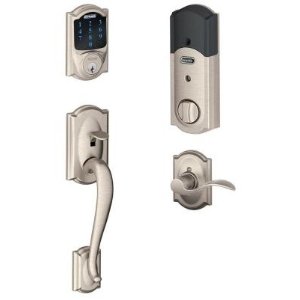 Schlage Connect Camelot Satin Nickel Touchscreen Deadbolt with Alarm and Handleset with Accent Interior Lever