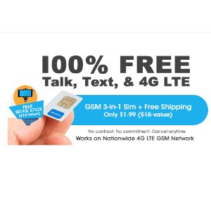 FreedomPop 100% 免费 4G LTE 三合一Sim卡套装 + 自拍杆
